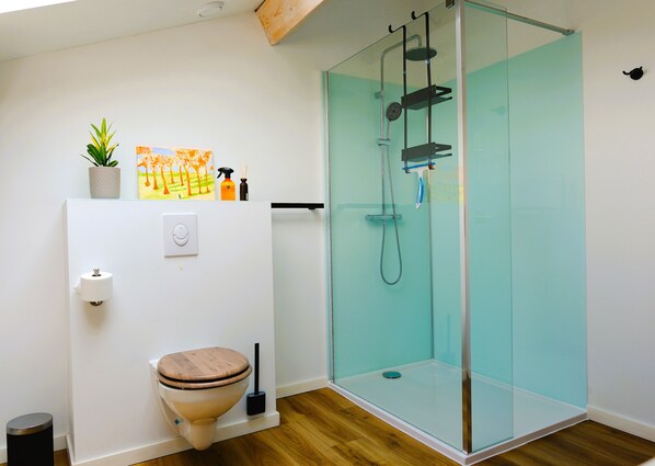 A modern bathroom with a glass-enclosed shower, a toilet with a wooden seat, and a small potted plant on the wall.