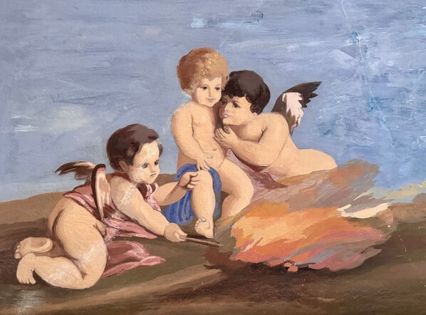 A classical painting of three children in a relaxed pose.