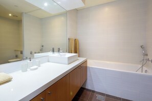 Shower, hair dryer, bidet, towels