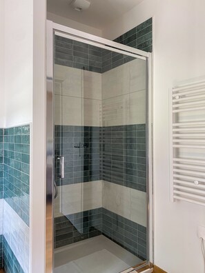 Regadera, secadora de cabello, toallas, papel de baño 