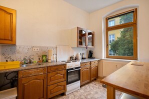 Fridge, microwave, oven, stovetop - Apartment 'World Heritage City Freiberg 3' with Wi-Fi (Freiberg)