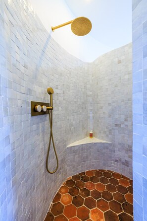 Shower, hair dryer, towels