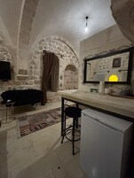 Desk, laptop workspace, blackout drapes, soundproofing