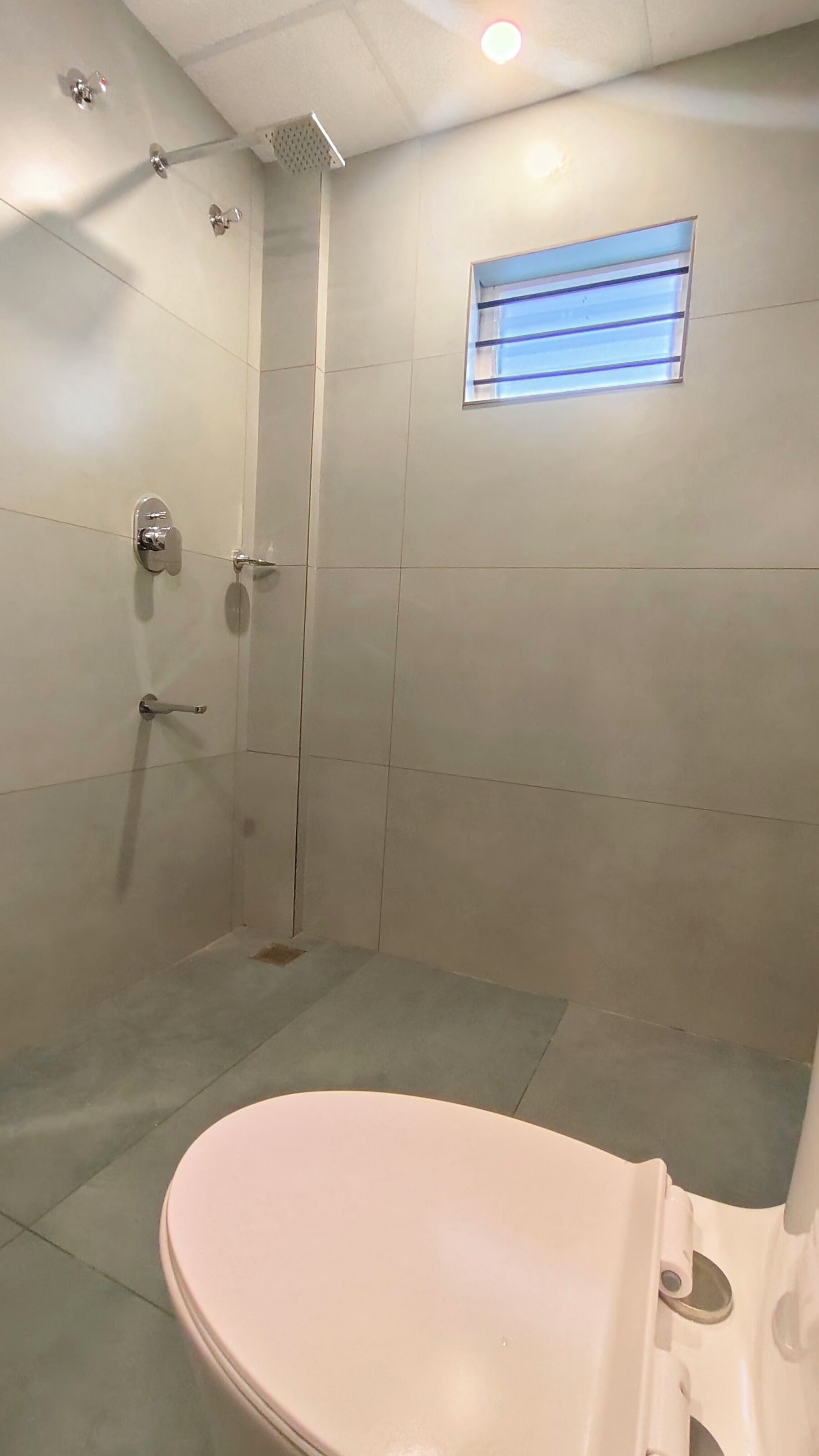 A bathroom with a shower, a toilet, and a small window.