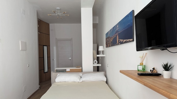 Une chambre d’hôtel moderne avec un lit, un téléviseur fixé au mur, un tableau, une petite plante et une étagère en bois.