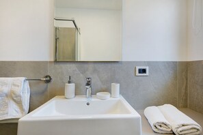 Shower, hair dryer, towels