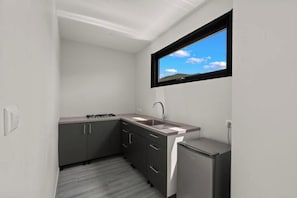 Fridge, stovetop, blender, cookware/dishes/utensils