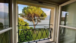 Ein Fenster mit Blick auf einen Baum und ein Gewässer.