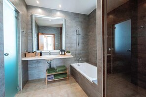 Chuveiro, secador de cabelo, toalhas de banho, shampoo