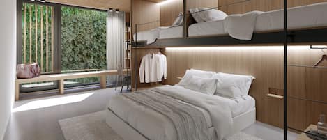 Un dormitorio moderno con una cama litera, un escritorio y un banco junto a una ventana con vistas a la vegetación.