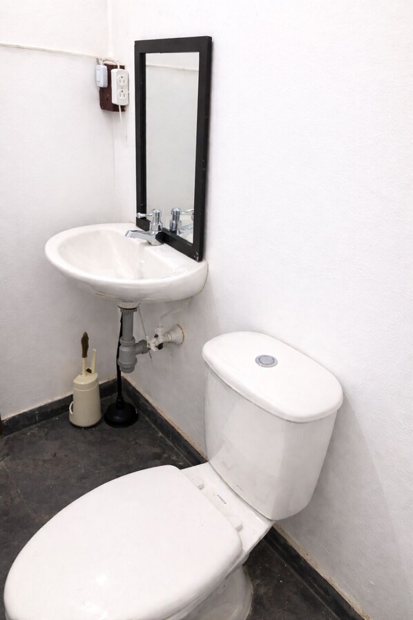 A bathroom with a white sink, a mirror, and a toilet.