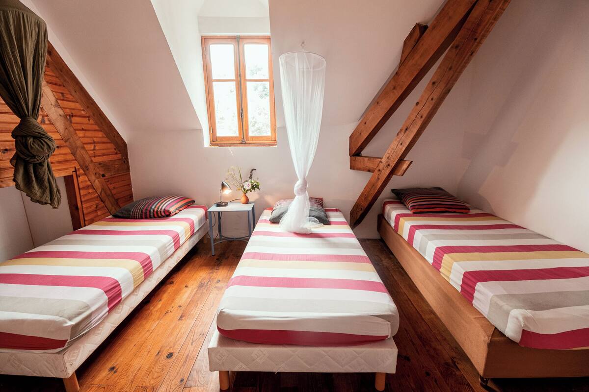 A small, cozy room with two single beds, a wooden floor, a window, and a mosquito net.