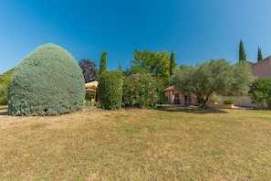 A well-maintained garden with a large spherical hedge, various shrubs, and a building with a tiled roof. - Villa 'Le Verger Du Midi' with Shared Pool, Private Terrace and Wi-Fi (Cadenet)