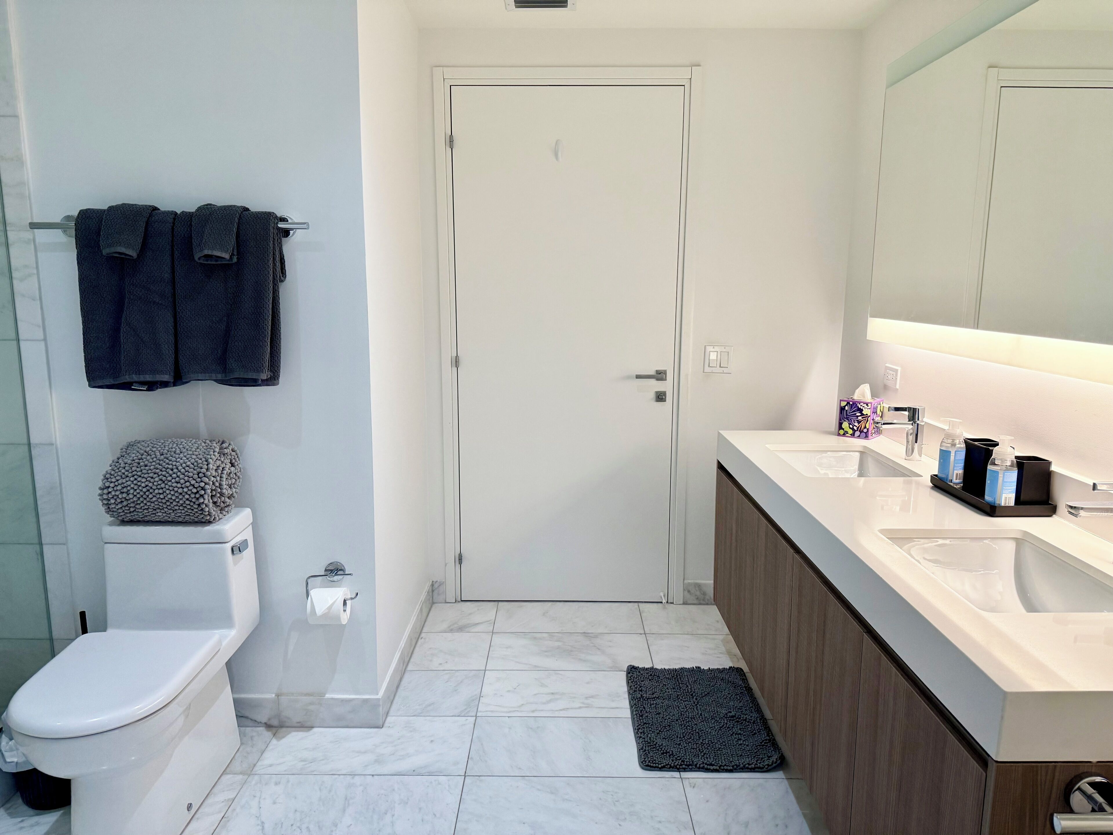 A modern bathroom with a toilet, sink, and mirror. There are towels hanging on a rack and a small rug on the floor.