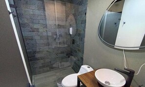 A bathroom with a stone shower enclosure, a white toilet, and a wooden vanity with a sink. - Epic Suite 513 Deluxe Aeropuerto (Pereira)