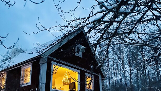 Una cabaña de madera con un interior luminoso, rodeada de suelo y árboles cubiertos de nieve.