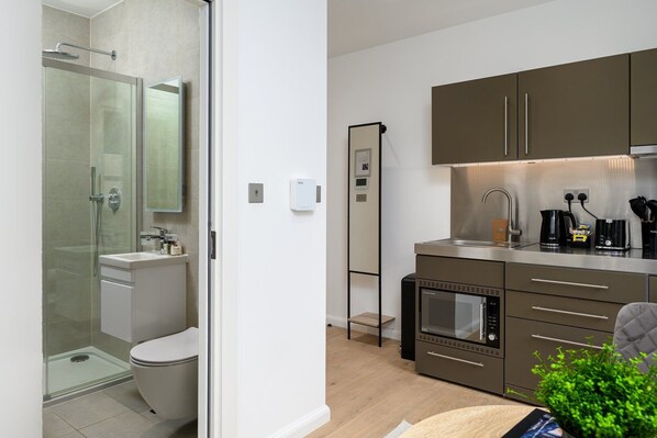 Shower, hair dryer, towels