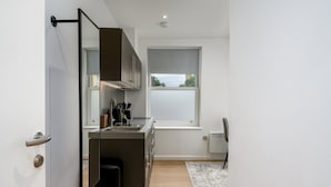Eine moderne Küche mit Einbauofen, einem Fenster mit Aussicht und einem kleinen Teppich.