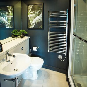 Dusche, Haartrockner, Handtücher, Seife