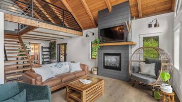 Smart TV, fireplace, books