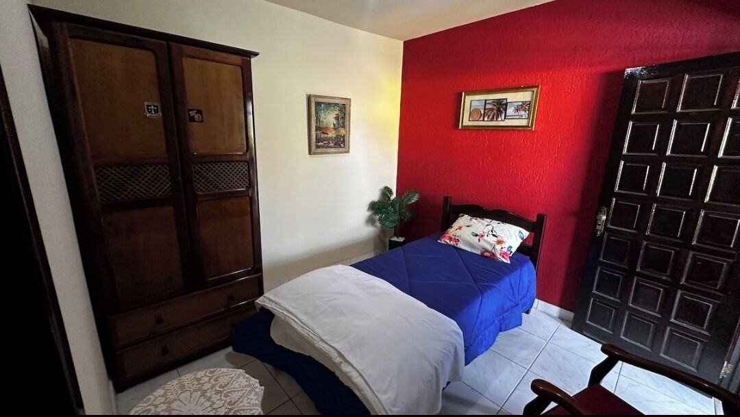 A bedroom with a bed, a wardrobe, a red wall, and a door.
