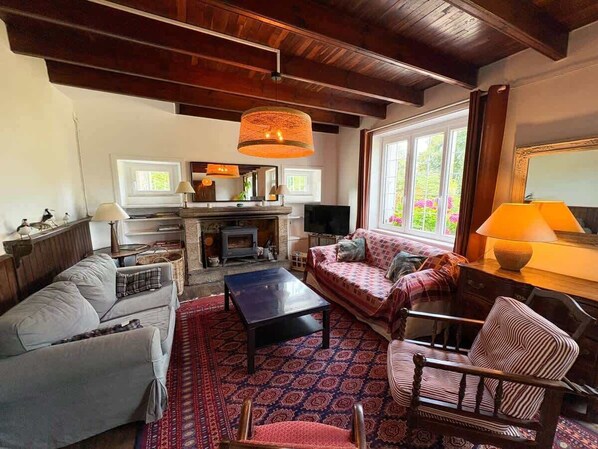 Televisión, chimenea y oficina 