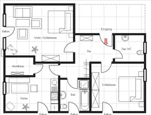 A floor plan with a kitchen, two bedrooms, a bathroom, a balcony, and a living area. - Apartment 'Echle' with Mountain View, Balcony and Wi-Fi (Oberharmersbach)
