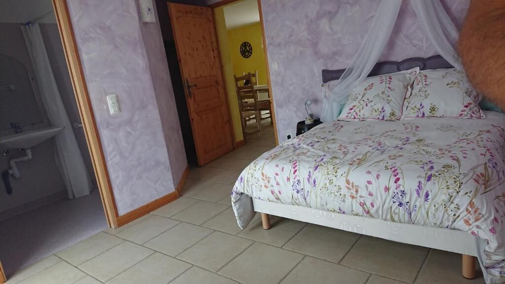 Ein Schlafzimmer mit Bett, Bad und einer Tür zu einem anderen Raum.