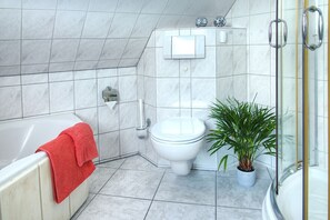 Hair dryer, towels, soap, toilet paper
