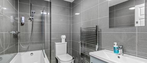 Shower, hair dryer, towels, soap