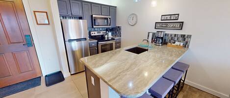 Fridge, microwave, oven, dishwasher