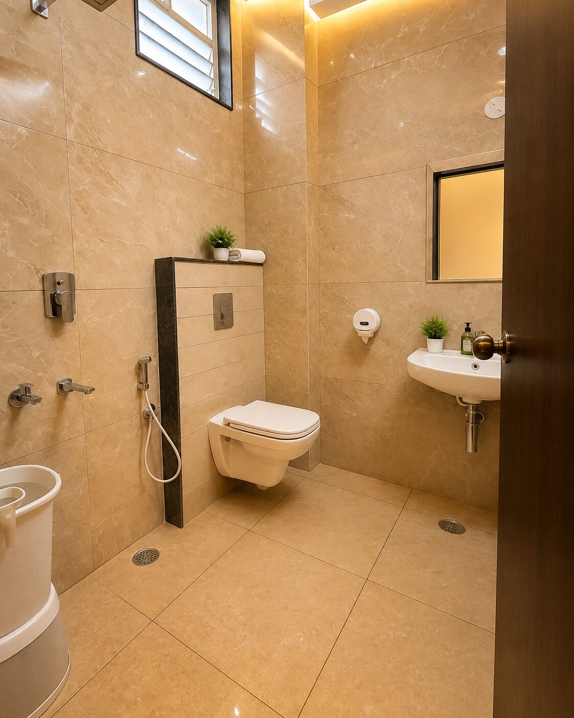 Egy modern fürőszoba, amelyben WC, mosdókagyló és zuhanyzó található.