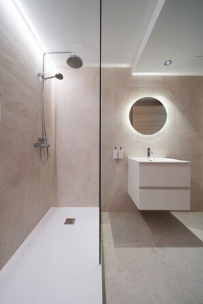 Chuveiro, secador de cabelo, toalhas de banho 