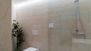 Un baño moderno con ducha envuelta en vidrio, inodoro blanco y una planta verde.