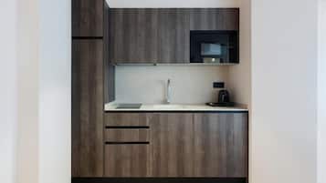 Fridge, microwave, stovetop, coffee/tea maker