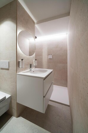 Chuveiro, secador de cabelo, toalhas de banho 