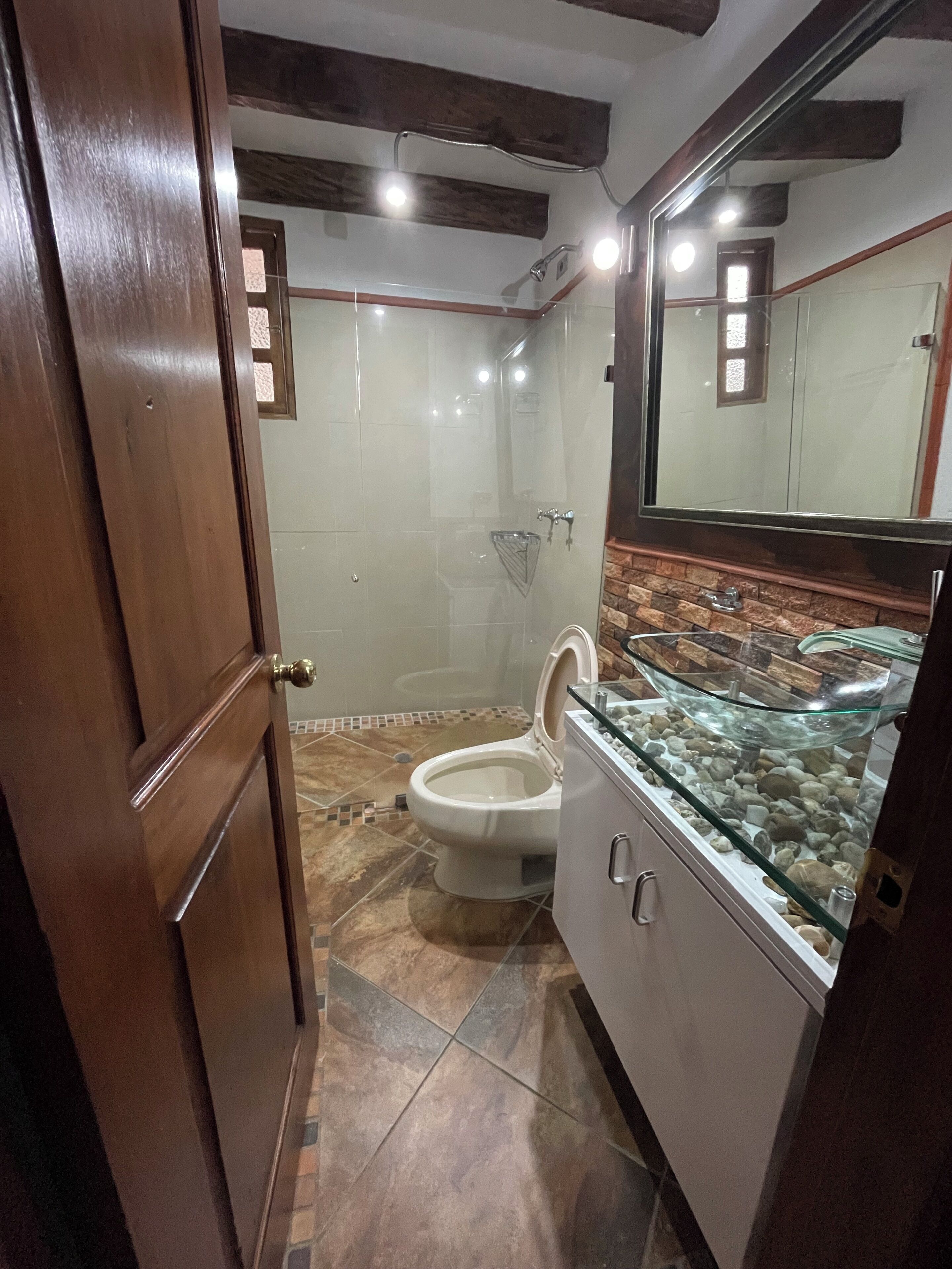 Casa de banho com sanita, um aquário de vidro e porta de madeira.
