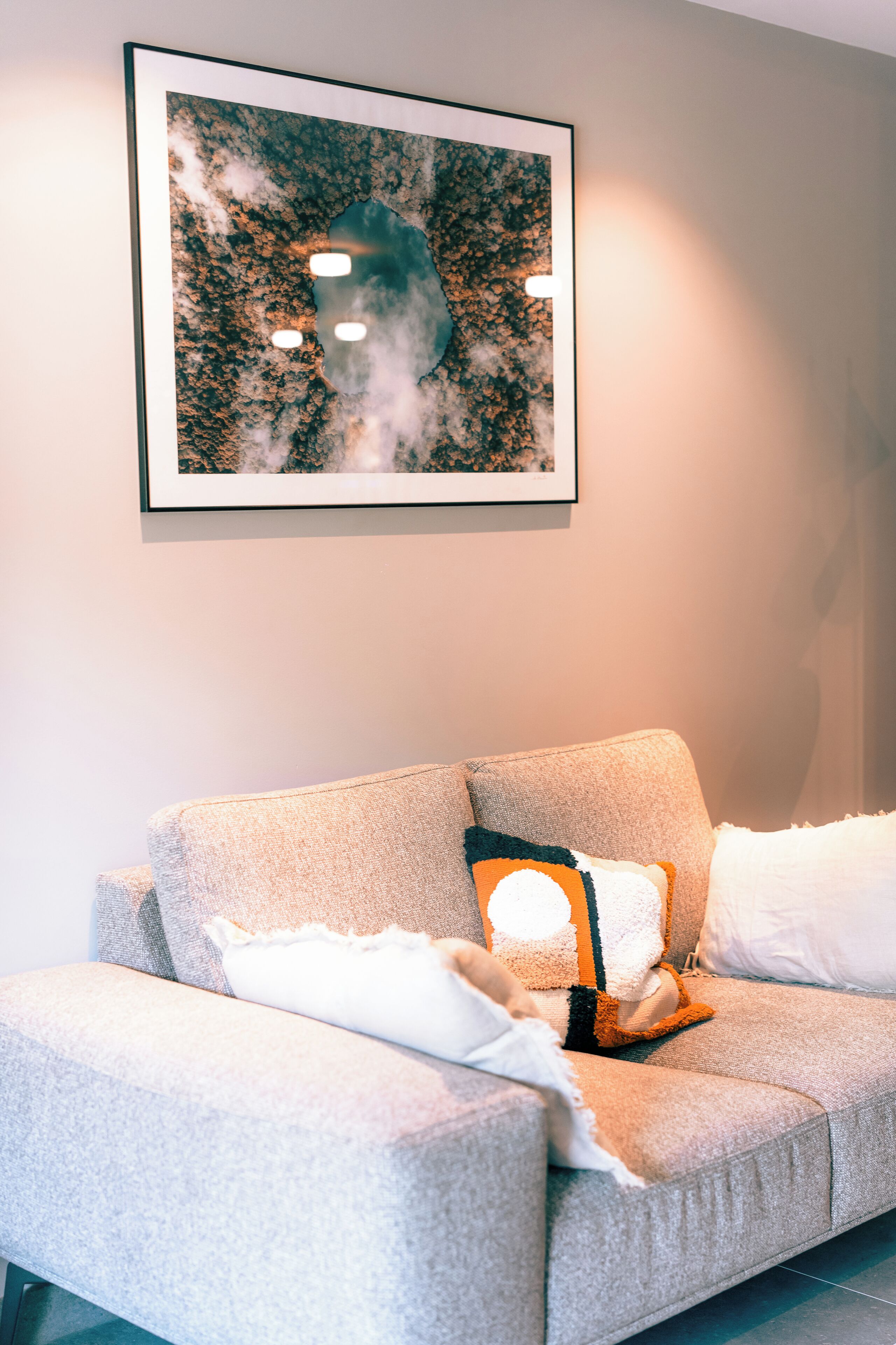 Una sala de estar moderna con un sofá gris, una obra de arte enmarcada y una almohada blanca.