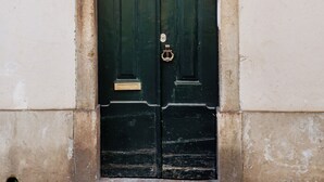 A double door with a brass knocker, set in a stone archway, and a number "56" above it.