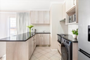 A modern kitchen with a built-in washing machine, a sink, and a countertop.
