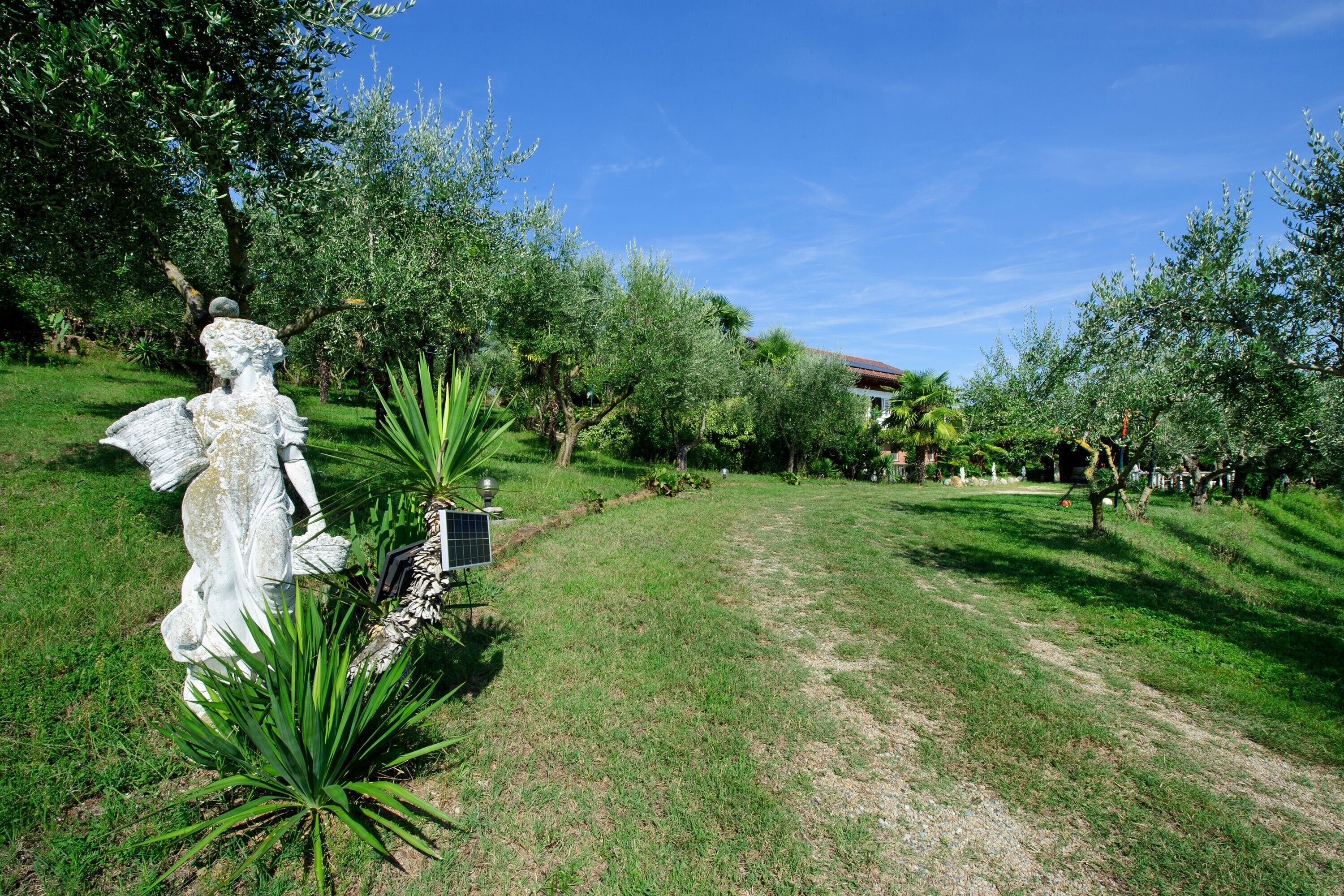 Eine Statue eines Engels in einem Garten mit einem Weg, Bäumen und einem Gebäude im Hintergrund.