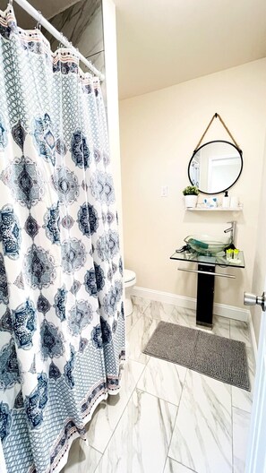 Shower, hair dryer, towels