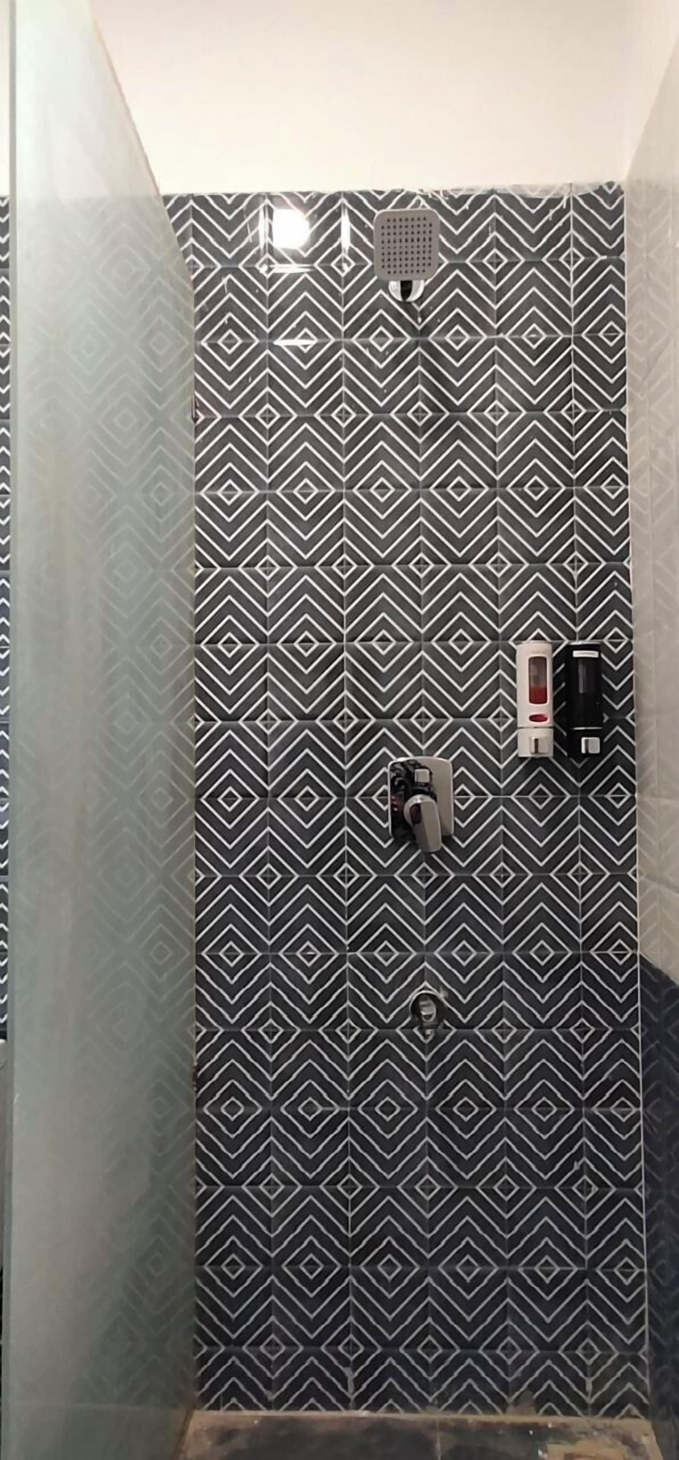 Ein Duschbereich mit einer Wand, die mit geometrischen Fliesen verziert ist, einer Handbrause und einer Bedienkonsole.