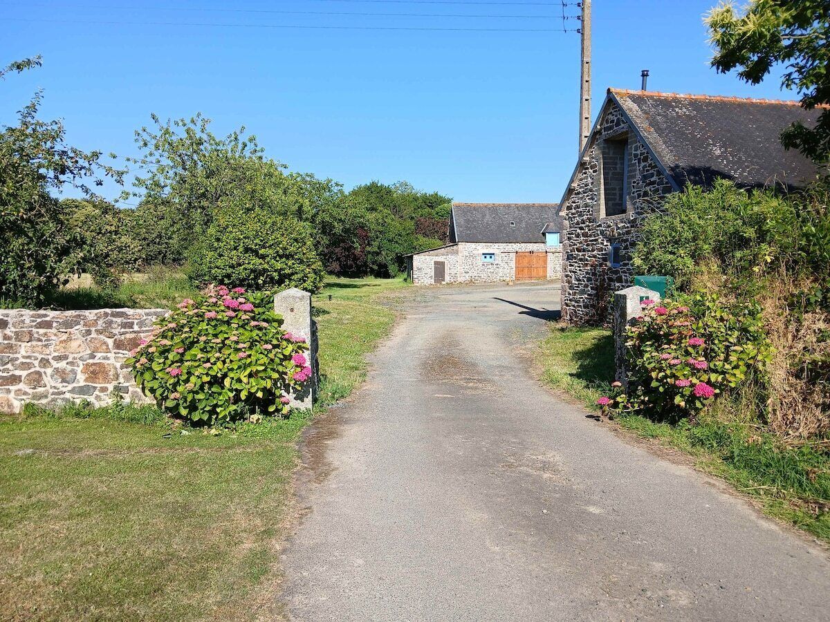 A rural road leading to a stone building with a wooden door, surrounded by greenery and a stone wall.