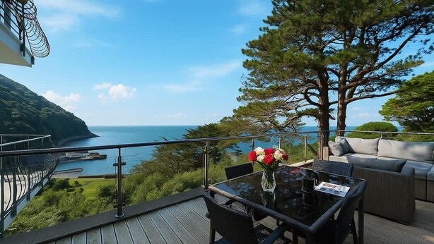 A balcony with a glass table and chairs, a sofa, and a vase of flowers.