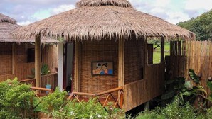 Une cabane à toit de chaume, dotée d’un porche en bois et ornée d’un tableau au mur.