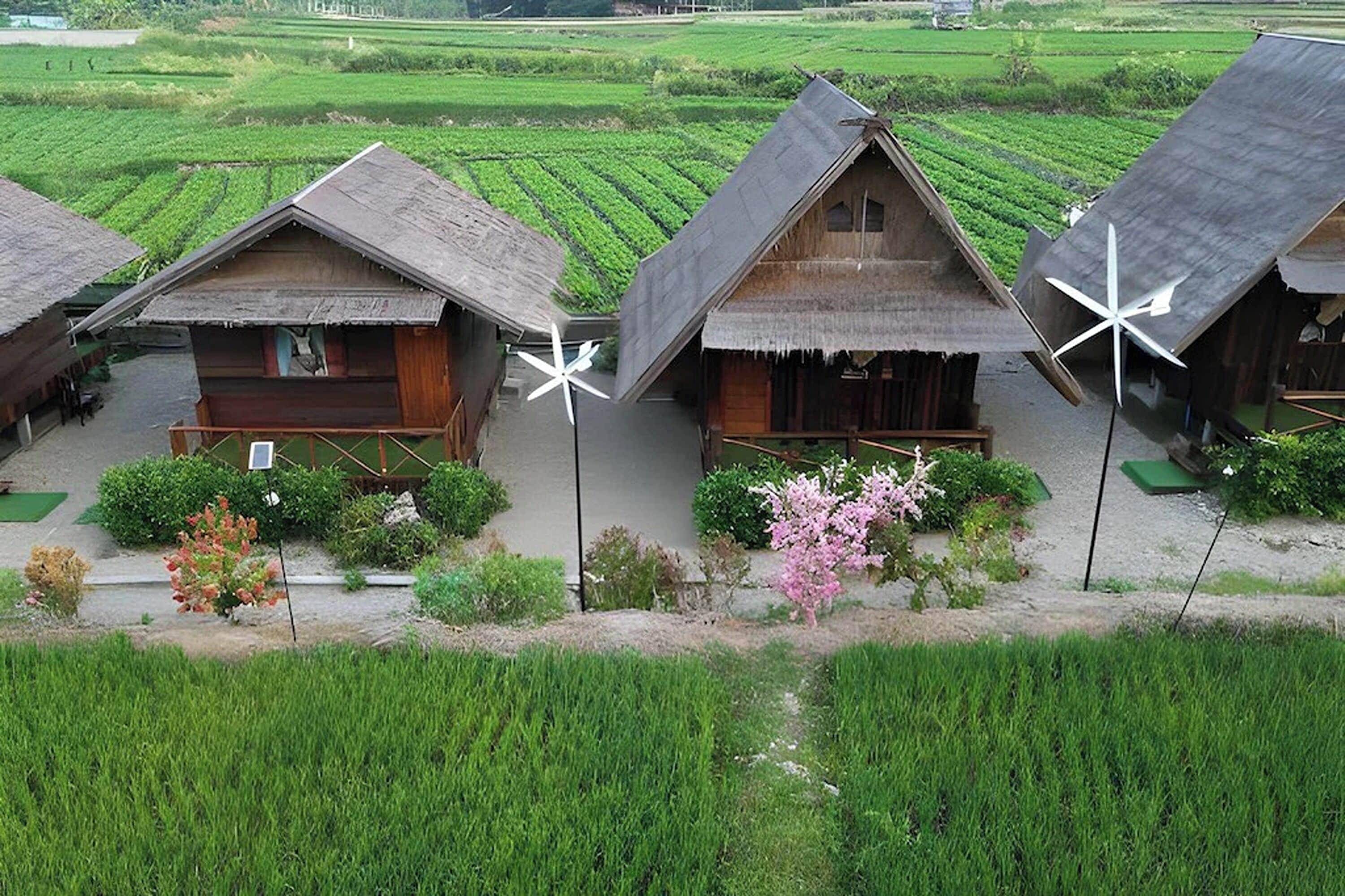 A row of traditional wooden houses with thatched roofs, surrounded by lush green fields.