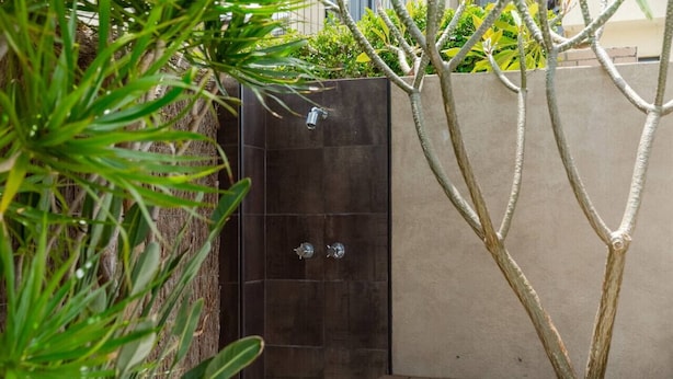 Un espace de douche extérieur moderne, avec un mur recouvert de carreaux foncés, deux pommes de douche et un petit arbre planté dans un pot.