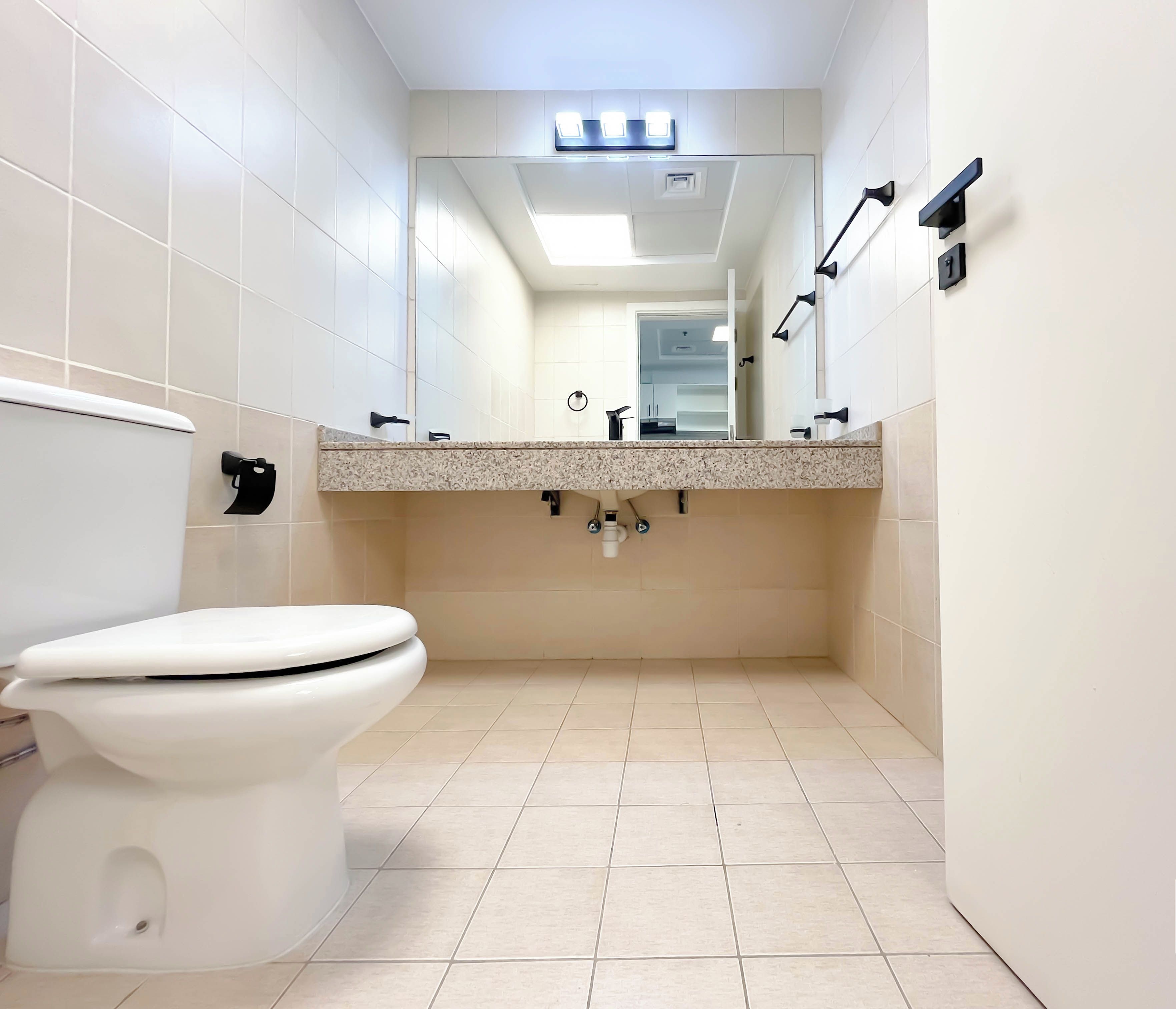 A modern bathroom with a toilet, a sink with a granite countertop, and a mirror.