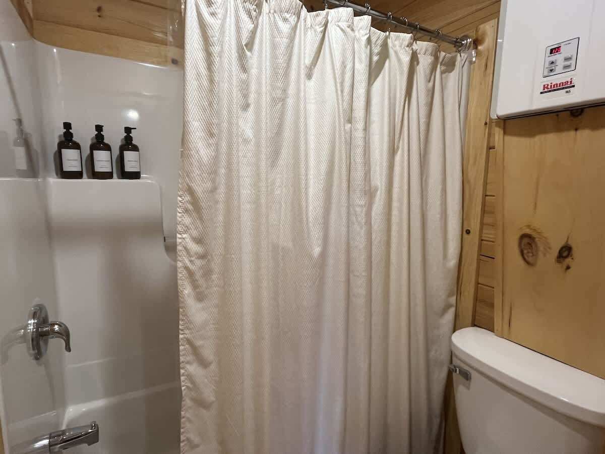 Shower, hair dryer, shampoo